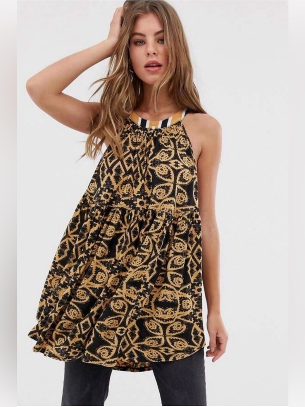 Free People Black and Gold Printed Halter Mini Dress